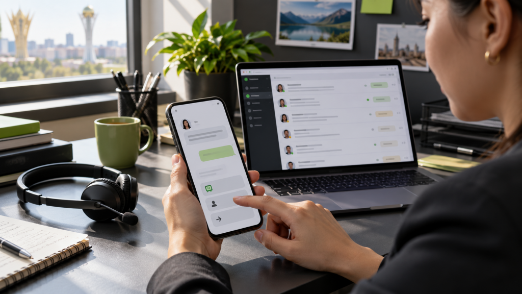Смартфондағы чатпен және өтінімдер кезегімен жұмыс істеп отырған қолдау маманы
